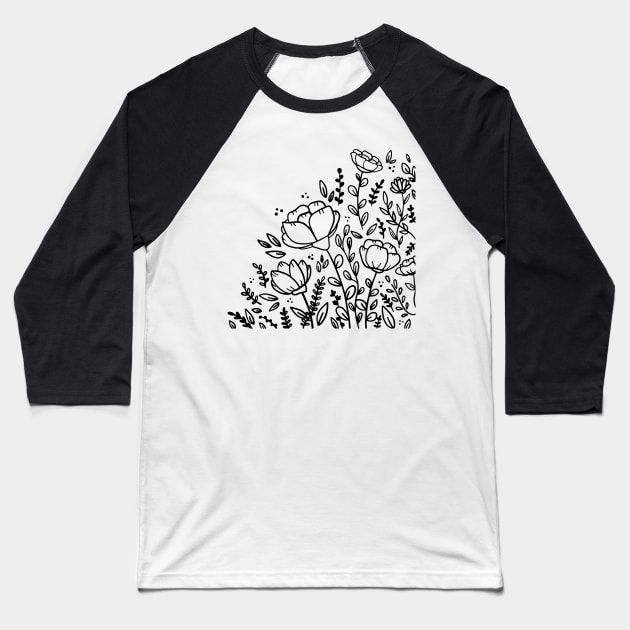 Black and white floral drawing Baseball T-Shirt by bigmomentsdesign